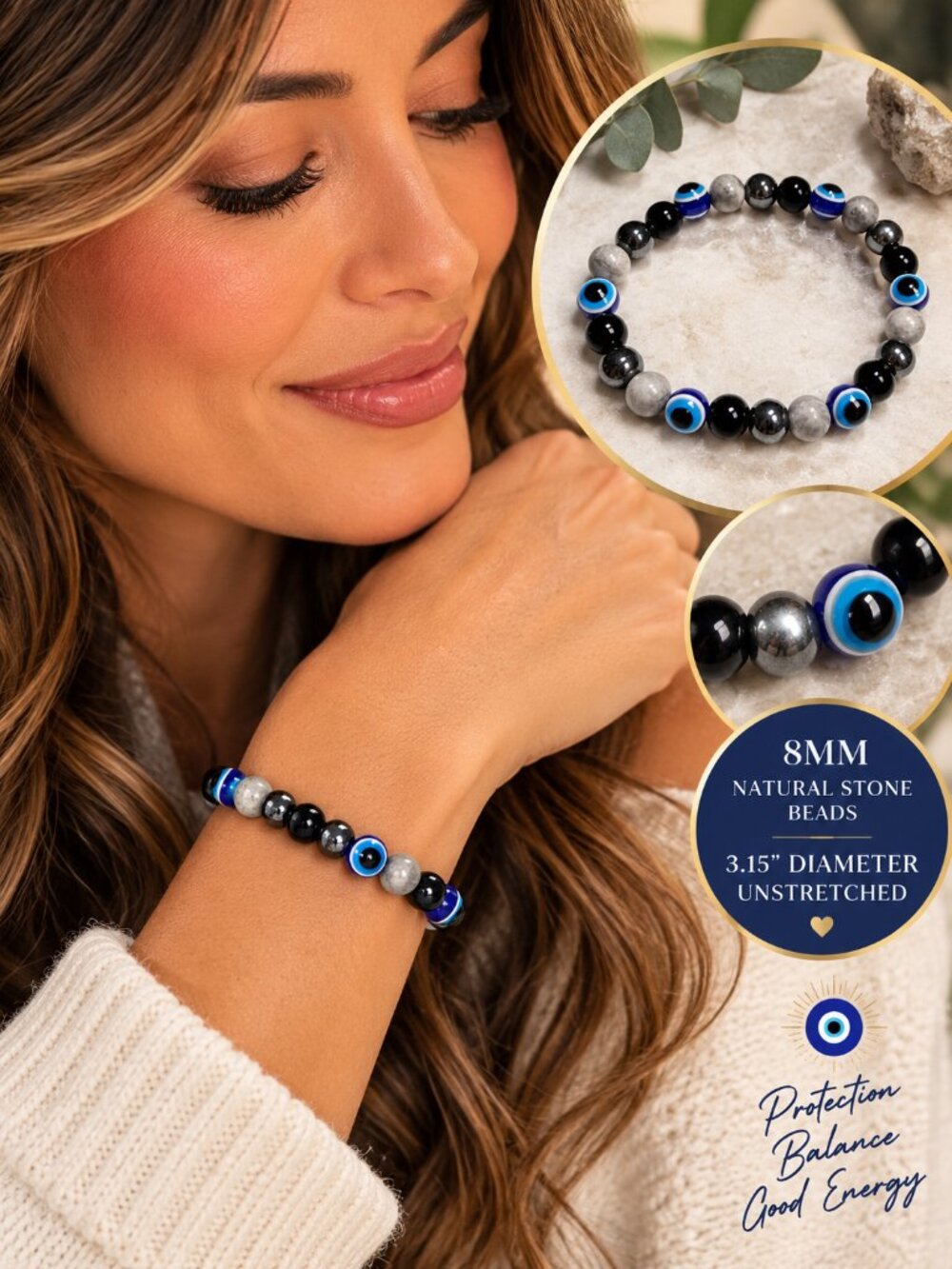 Evil Eye Bracelet 8mm Natural Stone Obsidian Hematite Gray Quartz Protection